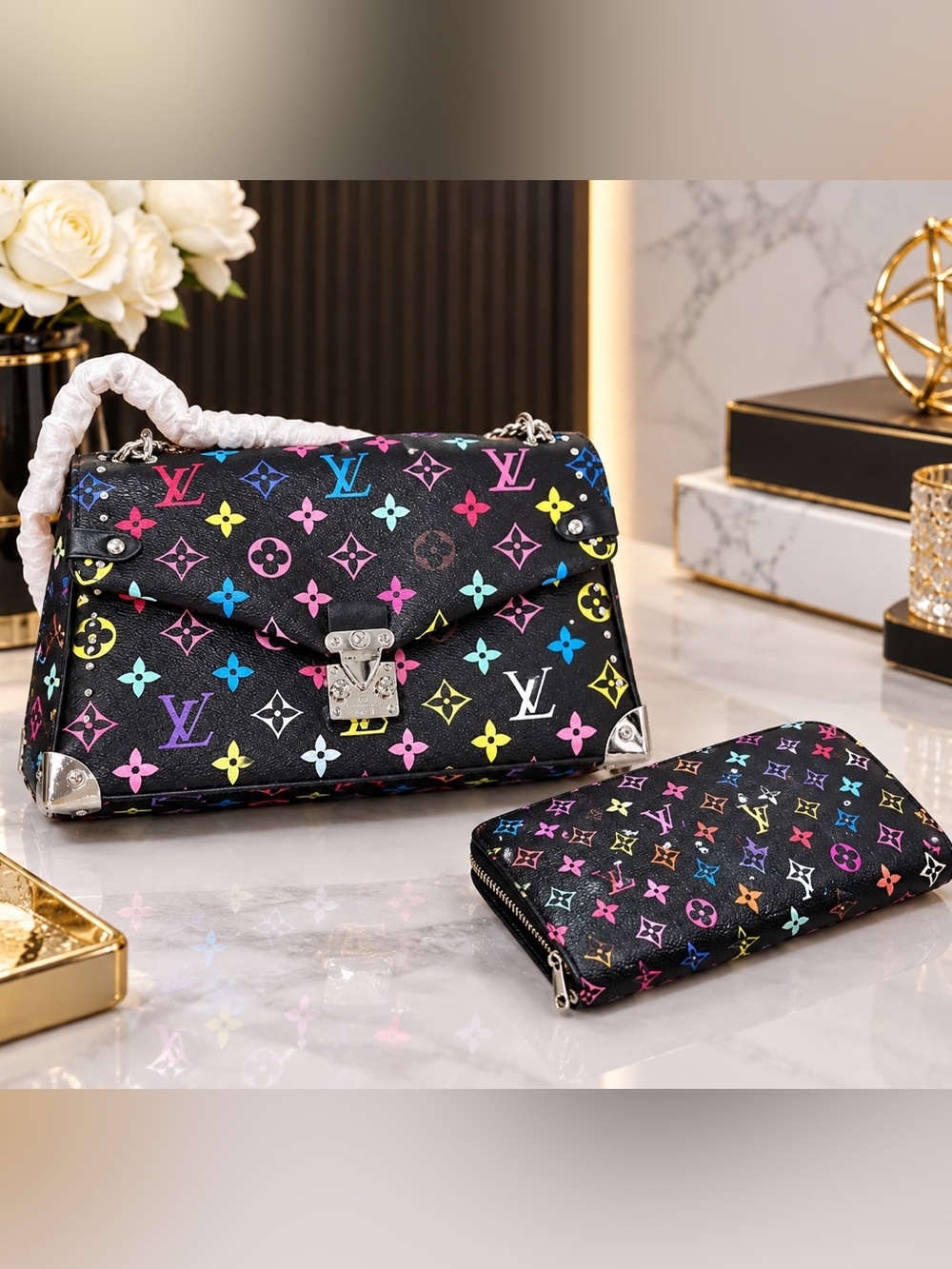 Black Multicolor Monogram Shoulder Bag with Silver Hardware